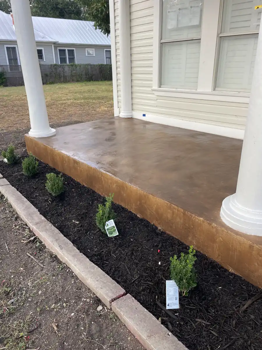 Stained concrete porch patio, brown finish